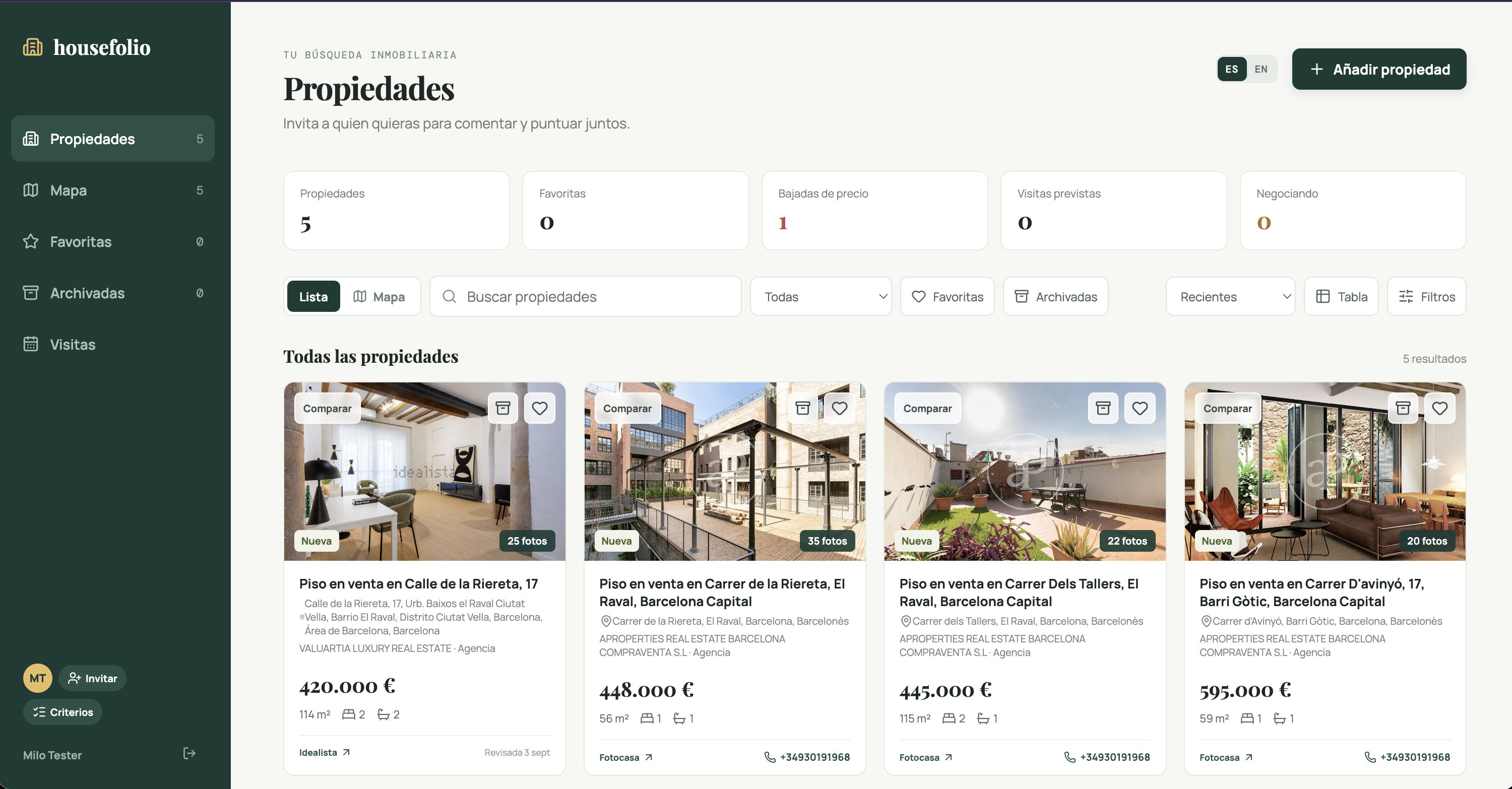 Captura de Housefolio con la lista de propiedades, filtros y tarjetas de Idealista y Fotocasa